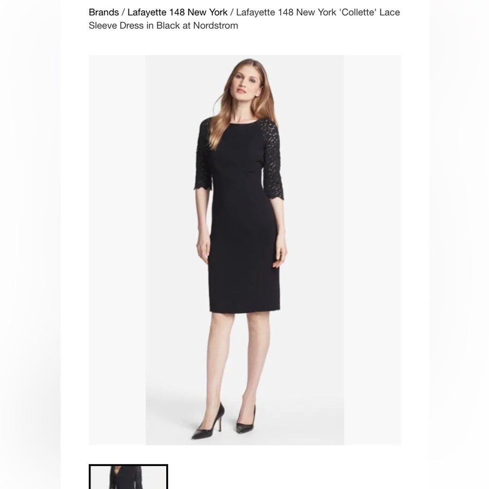 LAFAYETTE 148 NY Collette Leather Trim Lace Sleeve Classic Black Sheath Dress
